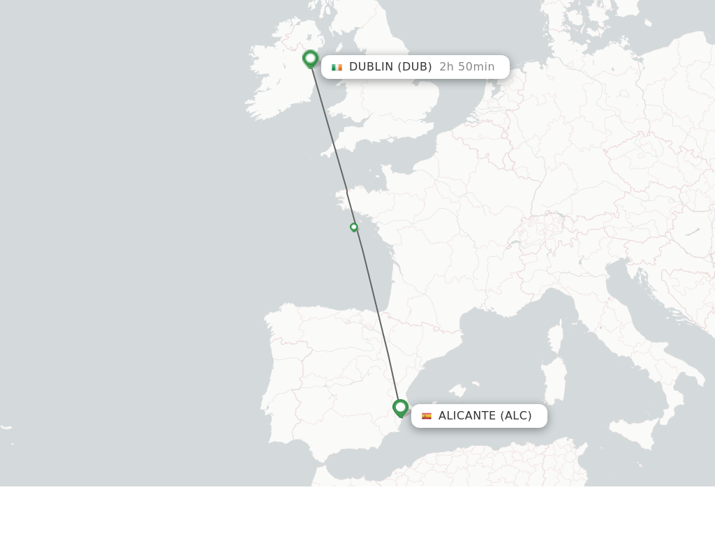 Flights from Alicante to Dublin route map