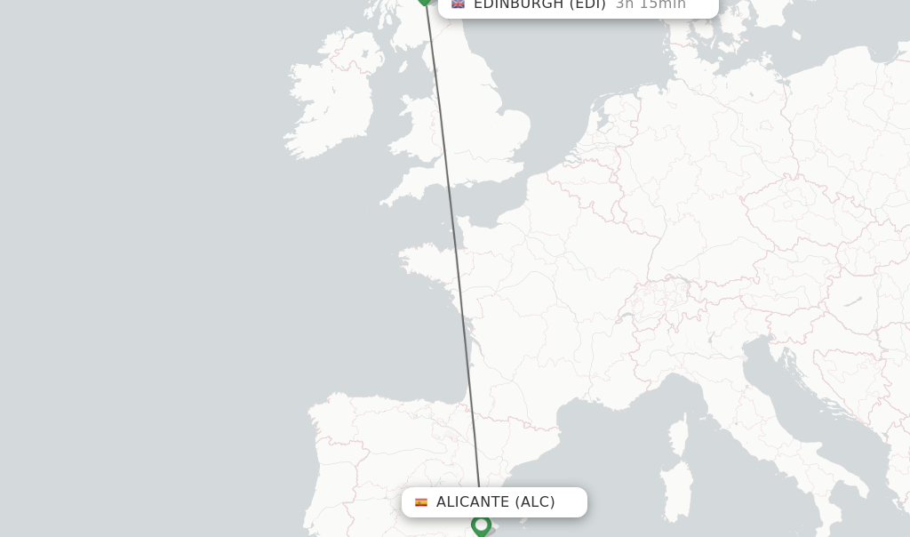 Flights from Alicante to Edinburgh route map