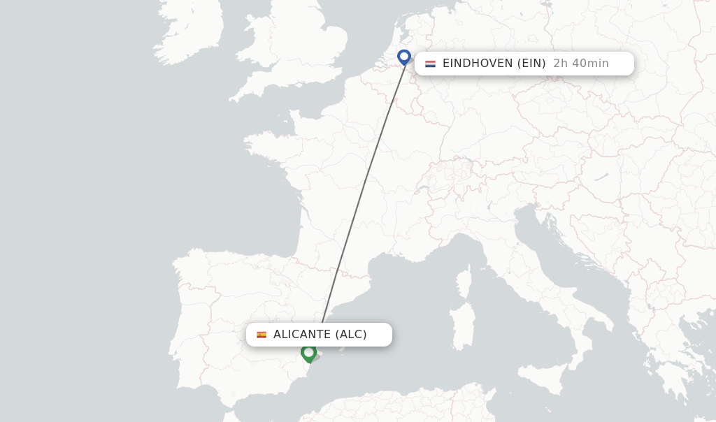 Flights from Alicante to Eindhoven route map