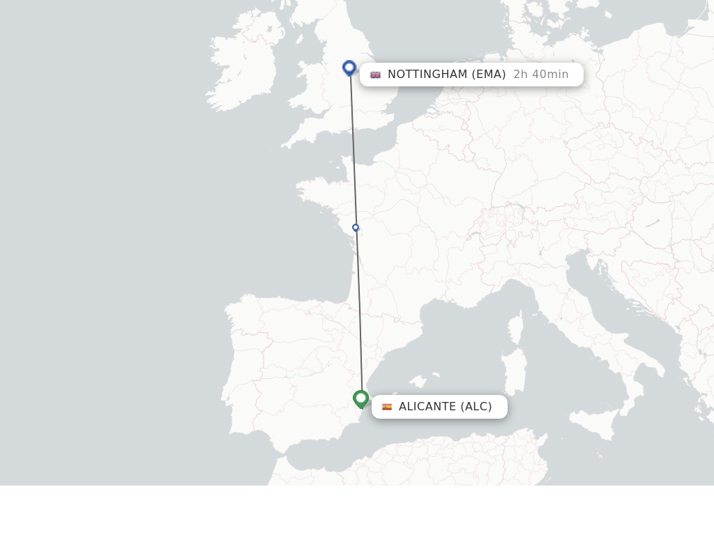 Flights from Alicante to Leicestershire route map