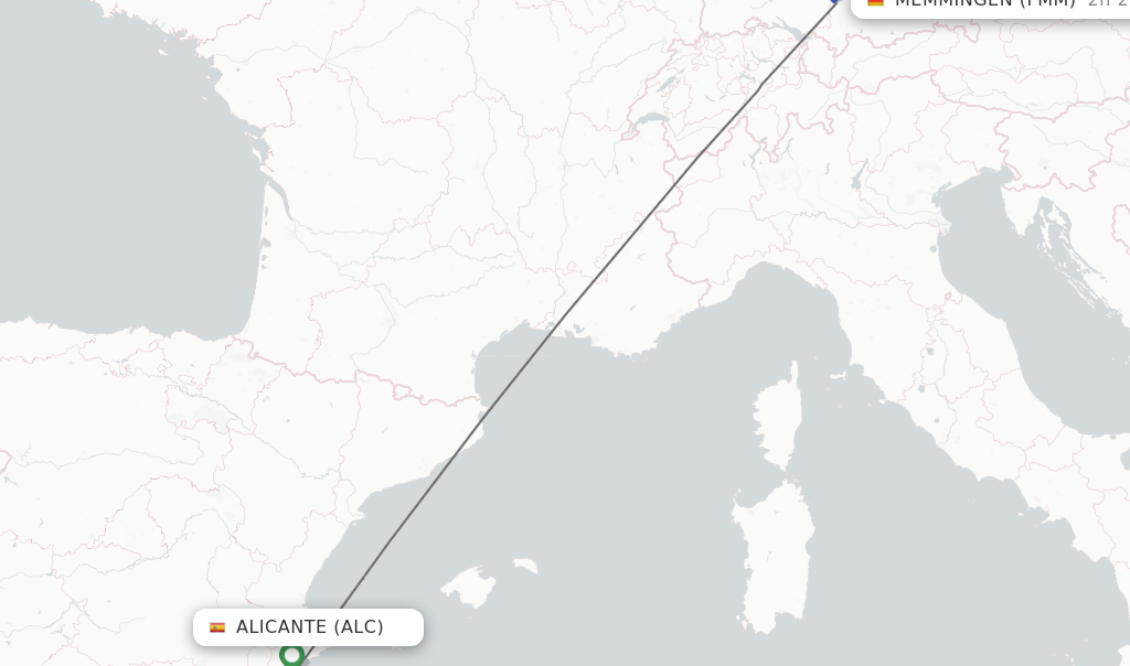 Flights from Alicante to Memmingen route map