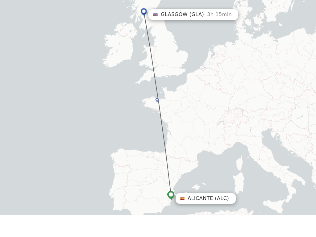 Flights from Alicante to Glasgow route map