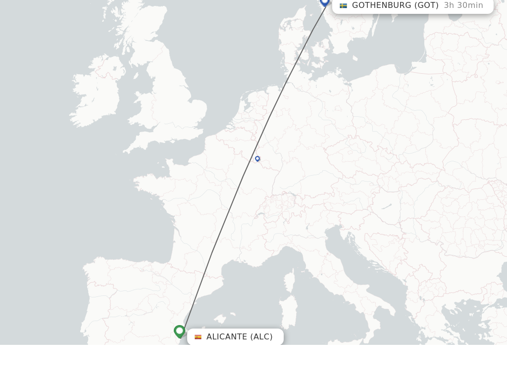 Flights from Alicante to Gothenburg route map
