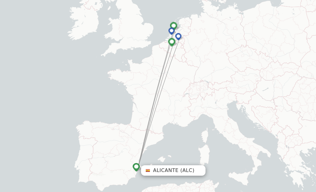 Route map with flights from Alicante with Transavia