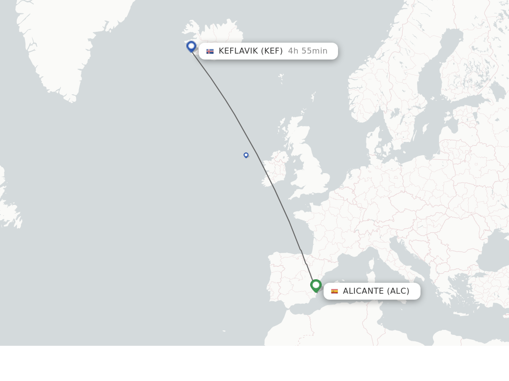 Flights from Alicante to Reykjavik route map