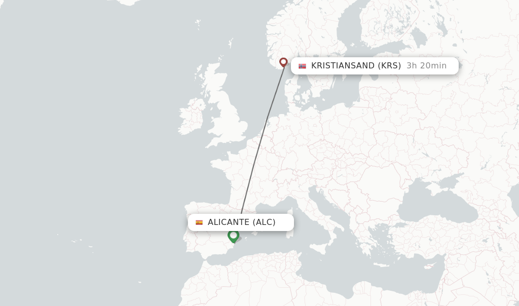 Flights from Alicante to Kristiansand route map