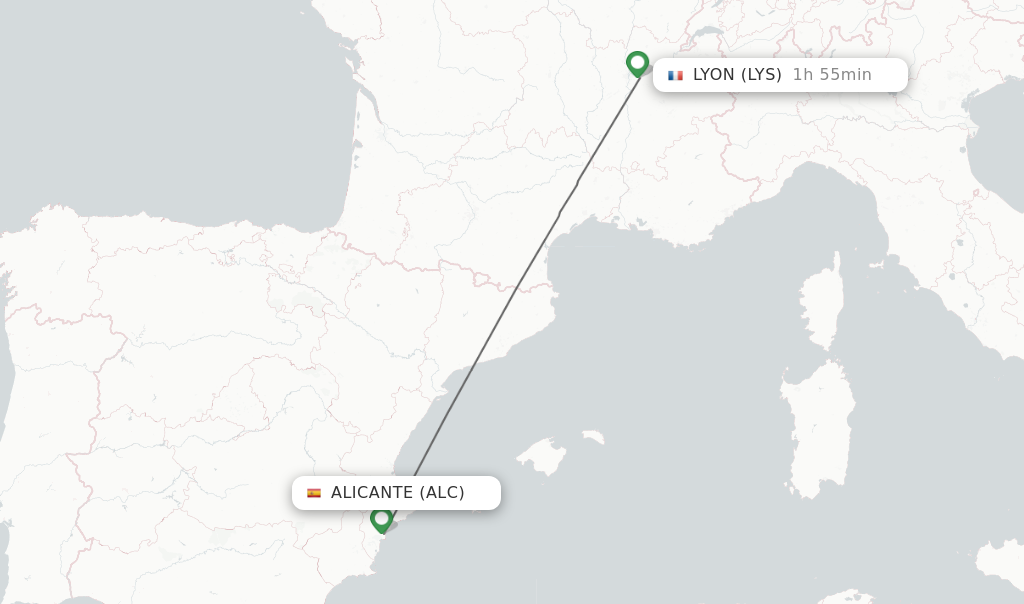 Flights from Alicante to Lyon route map