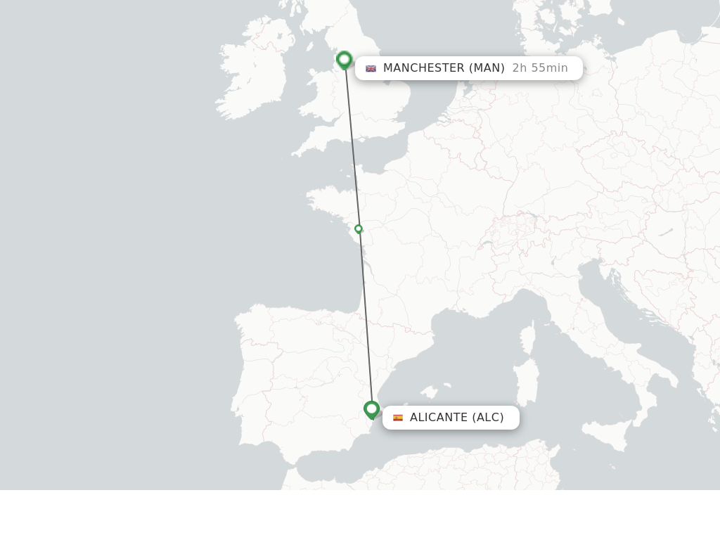 Flights from Alicante to Manchester route map