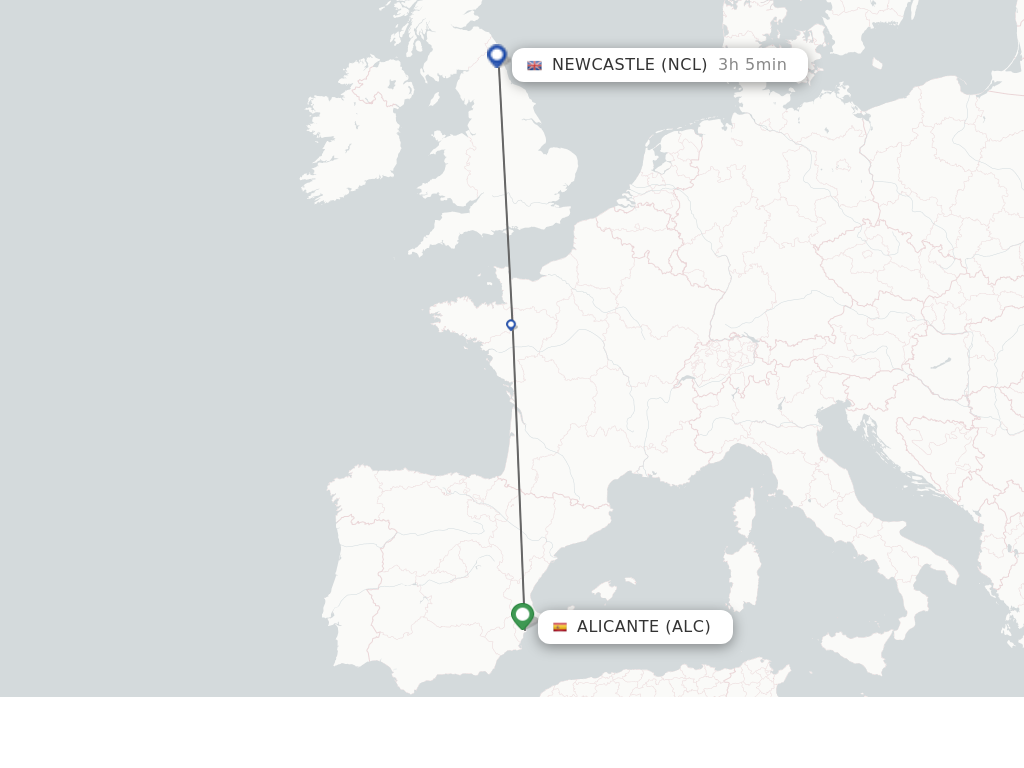 Flights from Alicante to Newcastle route map