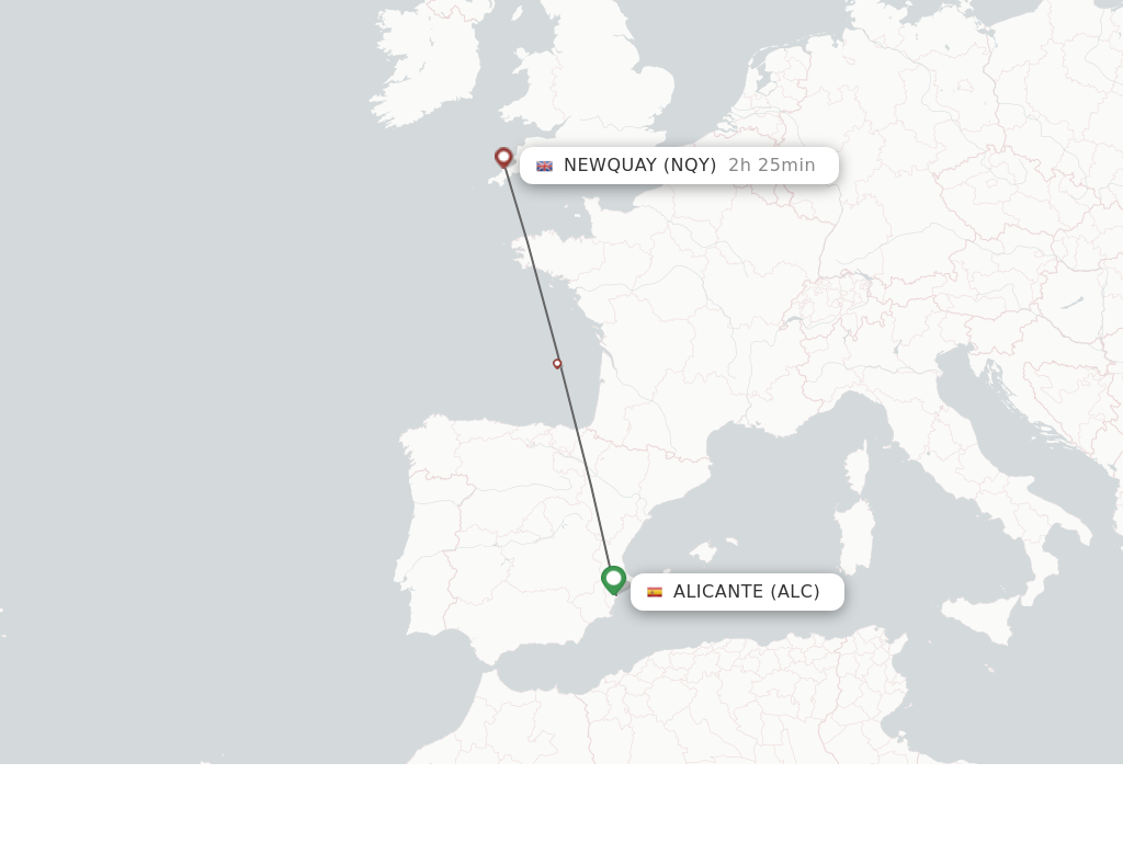 Flights from Newquay to Alicante route map