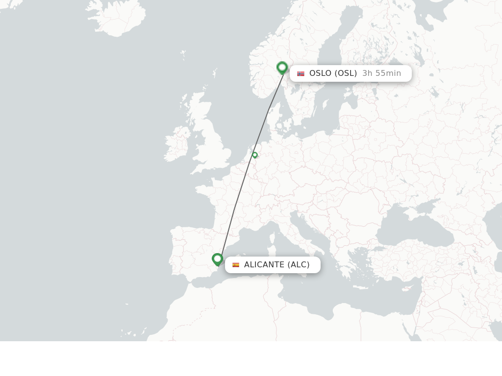 Flights from Alicante to Oslo route map