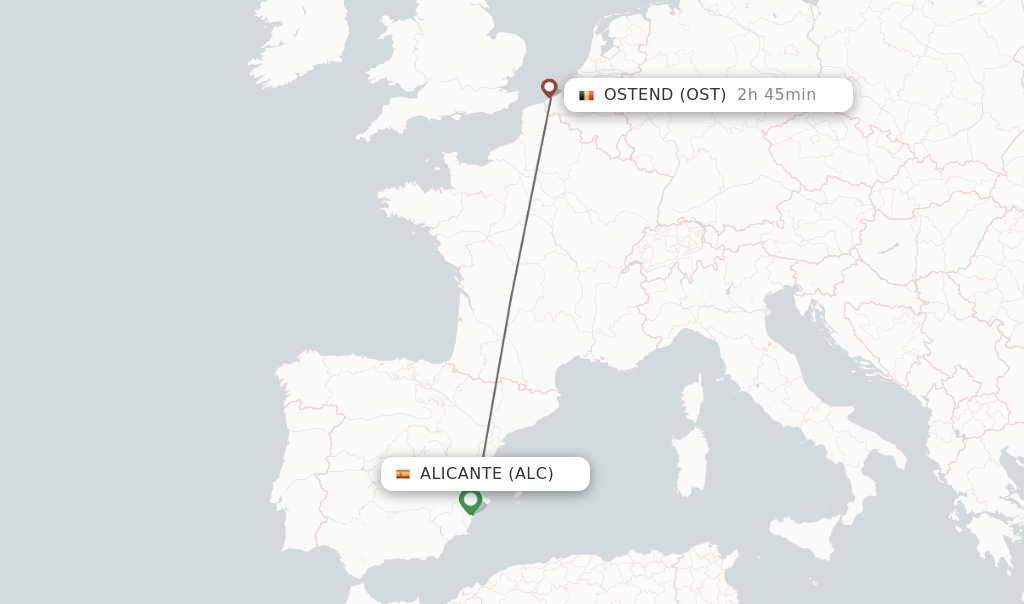 Flights from Alicante to Ostend route map