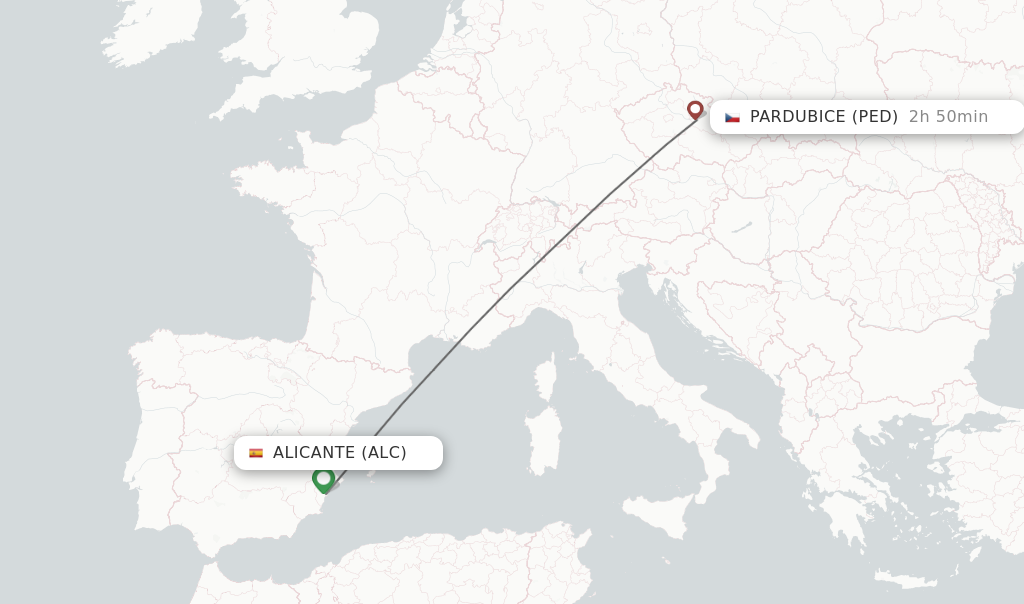 Flights from Alicante to Pardubice route map