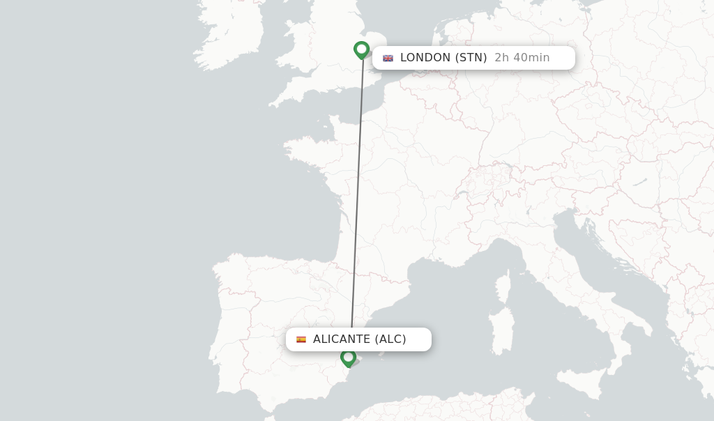 Flights from Alicante to London route map