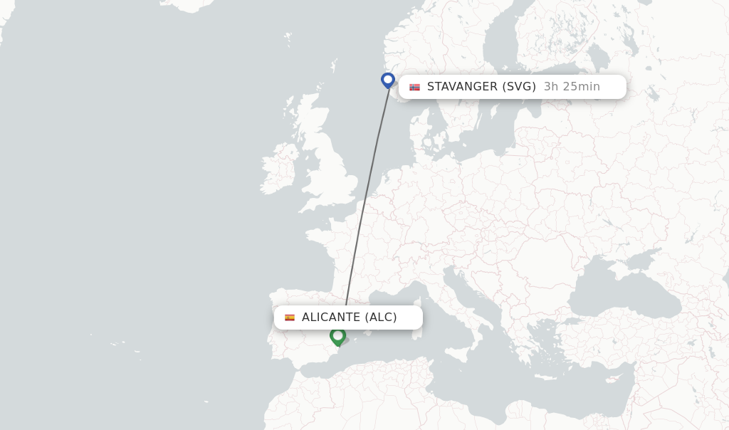 Flights from Alicante to Stavanger route map