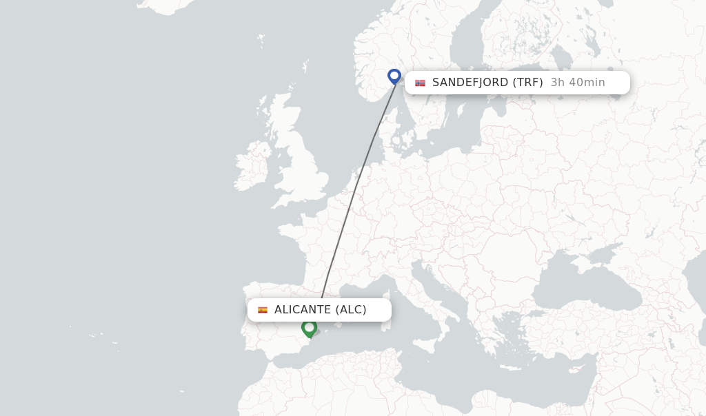 Flights from Alicante to Sandefjord route map