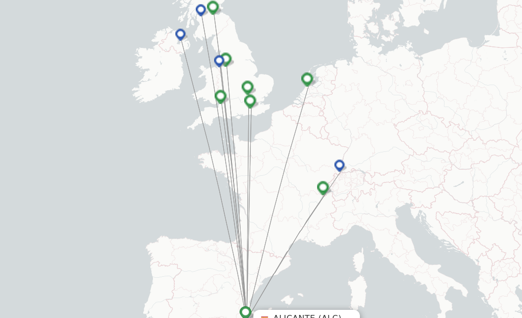 Route map with flights from Alicante with easyJet