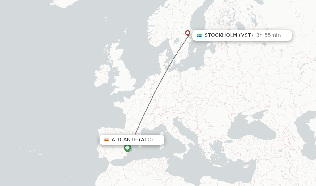Flights from Alicante to Stockholm route map