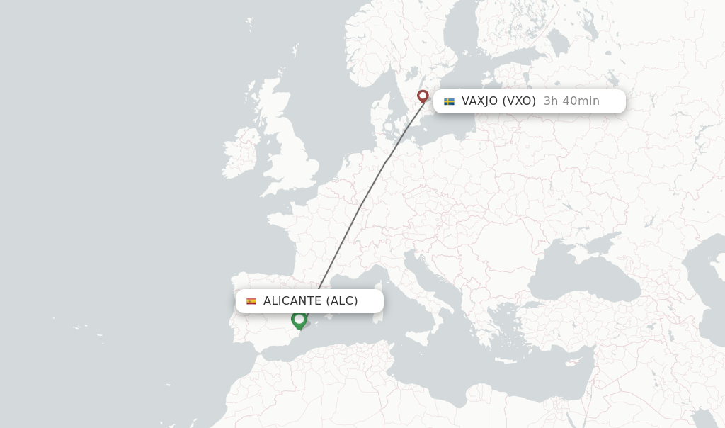 Flights from Alicante to Vaxjo route map