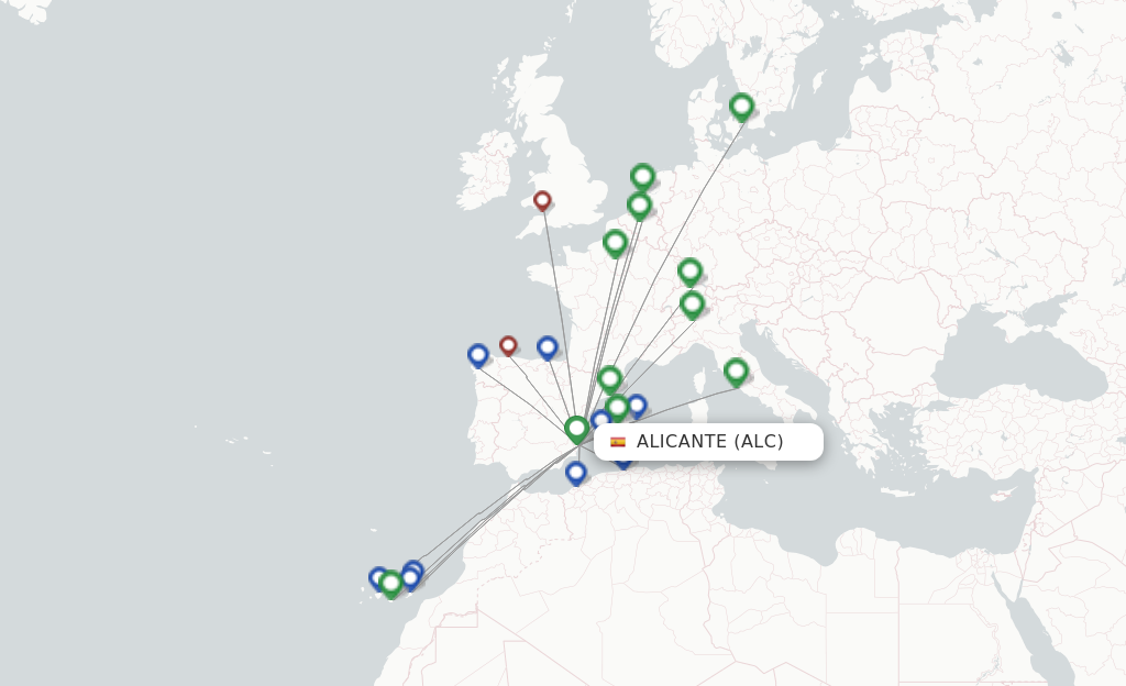 Route map with flights from Alicante with Vueling
