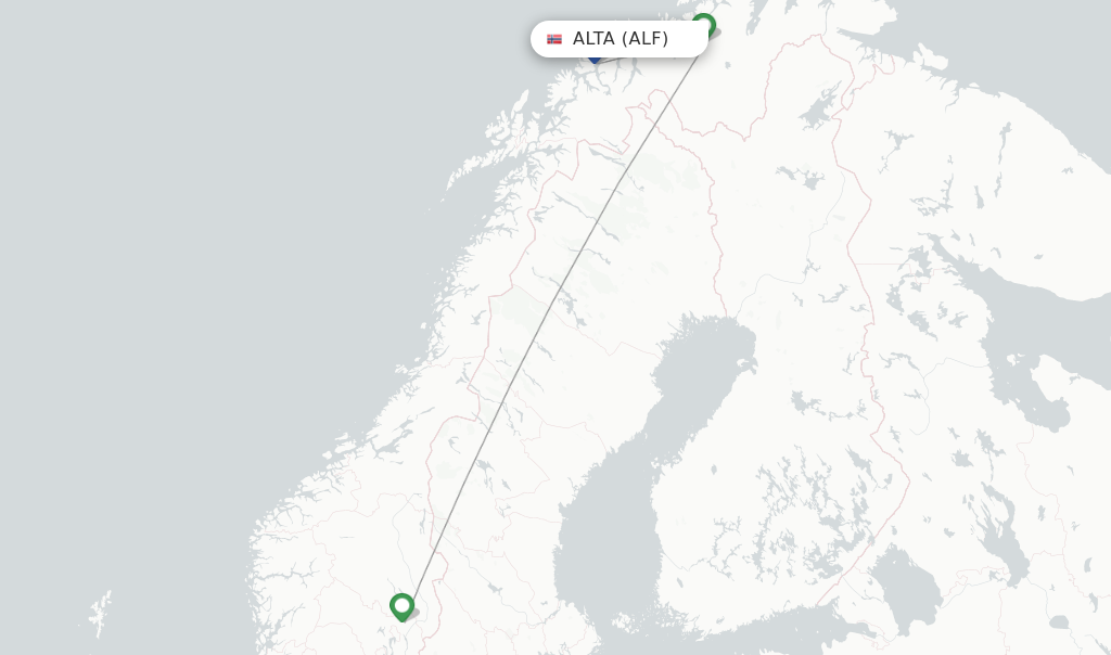Route map with flights from Alta with Norwegian