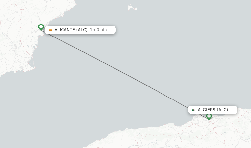 Flights from Algiers to Alicante route map