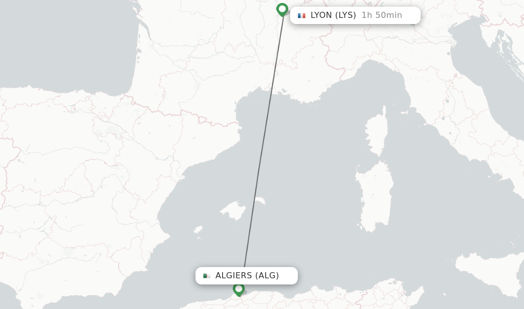 Flights from Algiers to Lyon route map