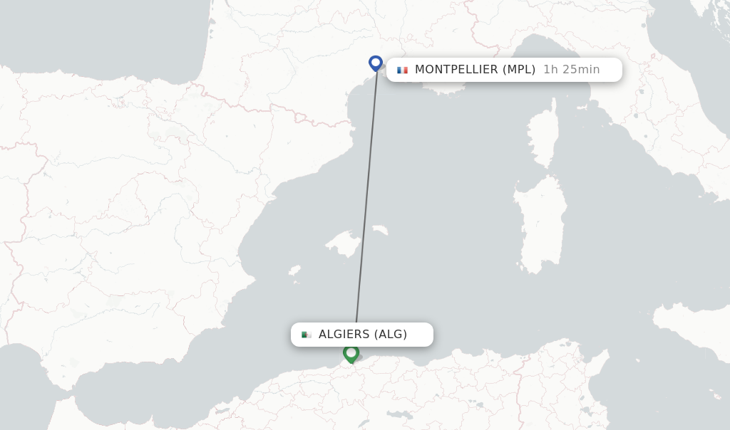 Flights from Algiers to Montpellier route map