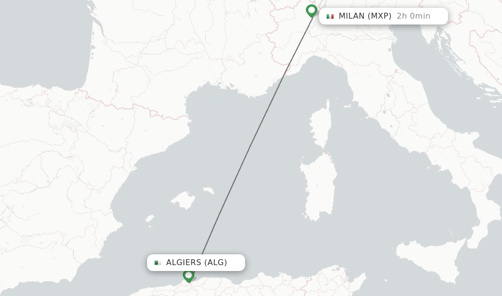 Flights from Algiers to Milan route map