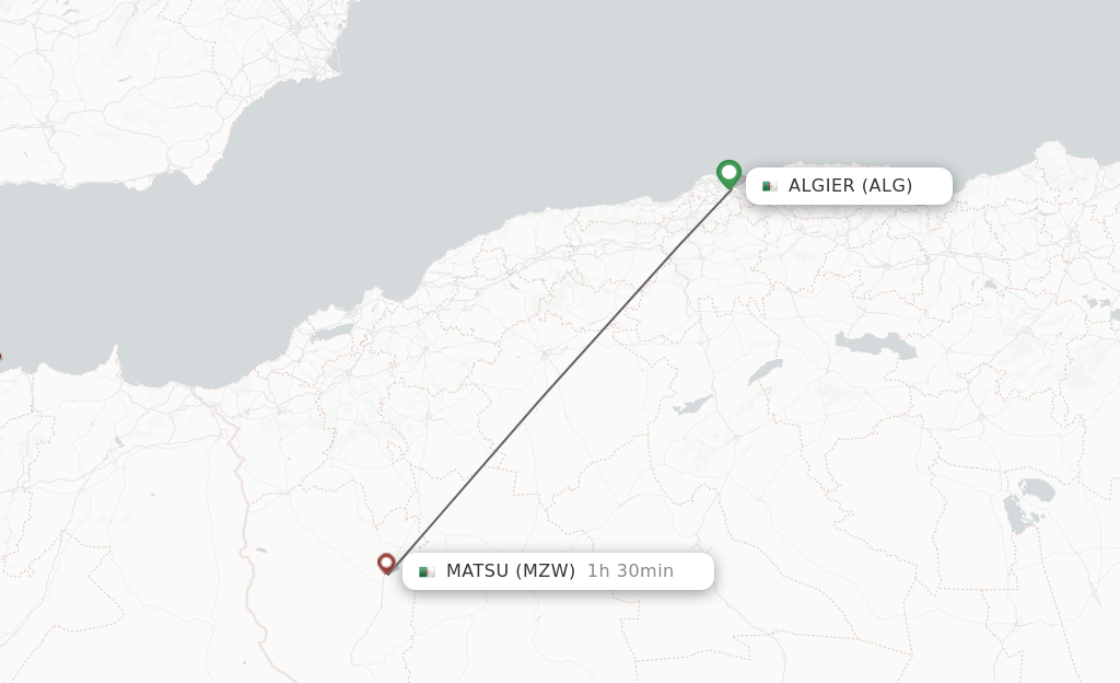 Flights from Algiers to Mechria route map
