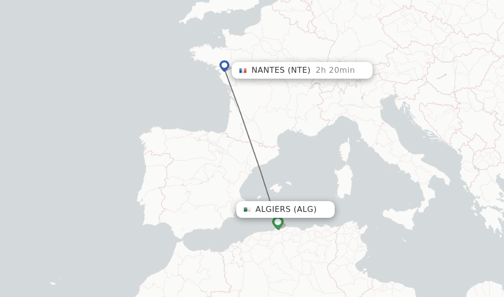 Flights from Algiers to Nantes route map