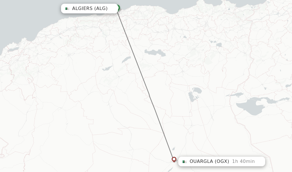 Flights from Algiers to Ouargla route map