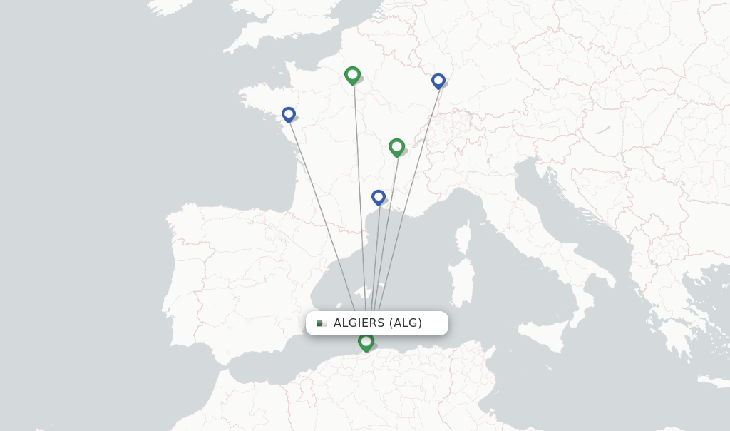 Route map with flights from Algiers with Transavia France