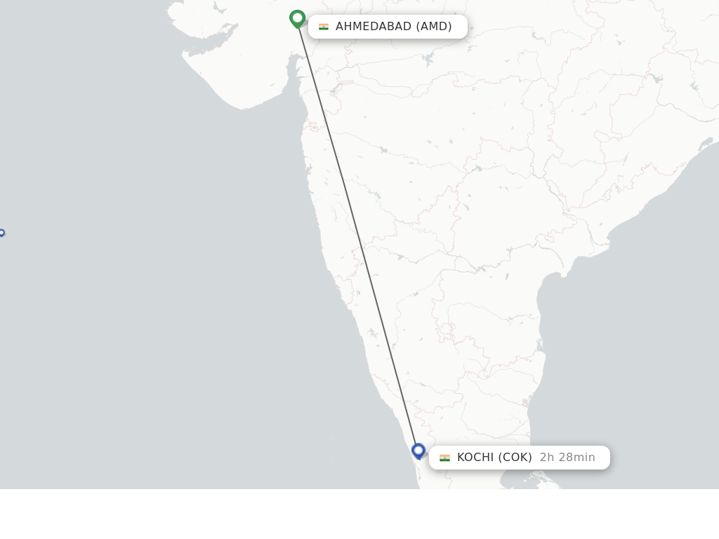 Flights from Ahmedabad to Kochi route map