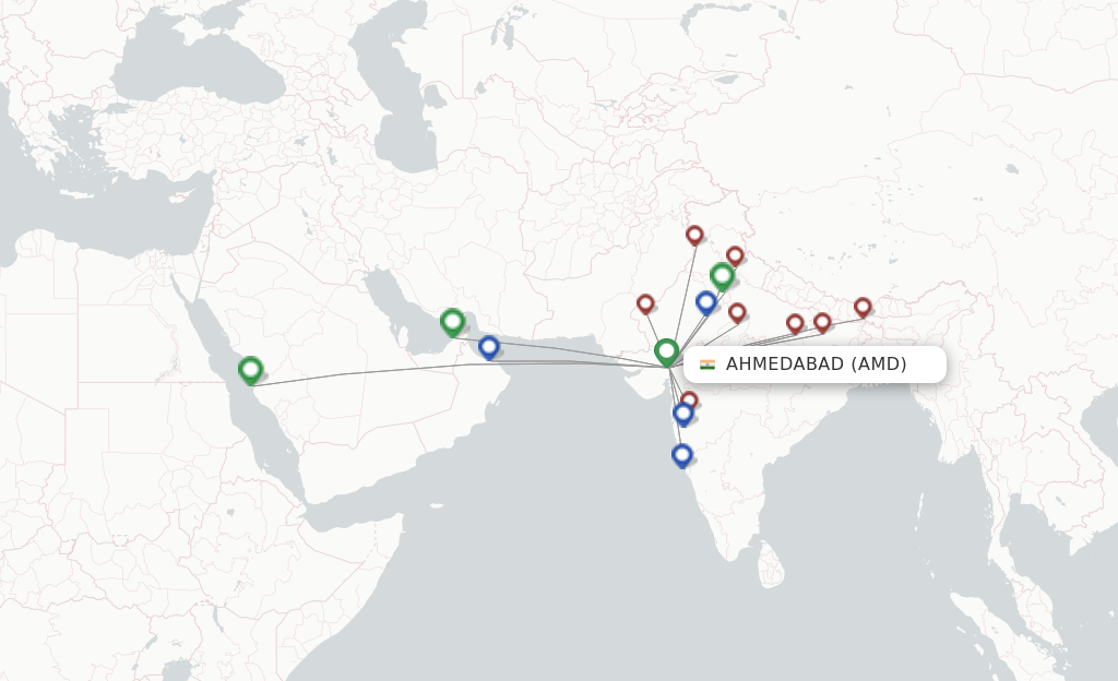 Route map with flights from Ahmedabad with SpiceJet