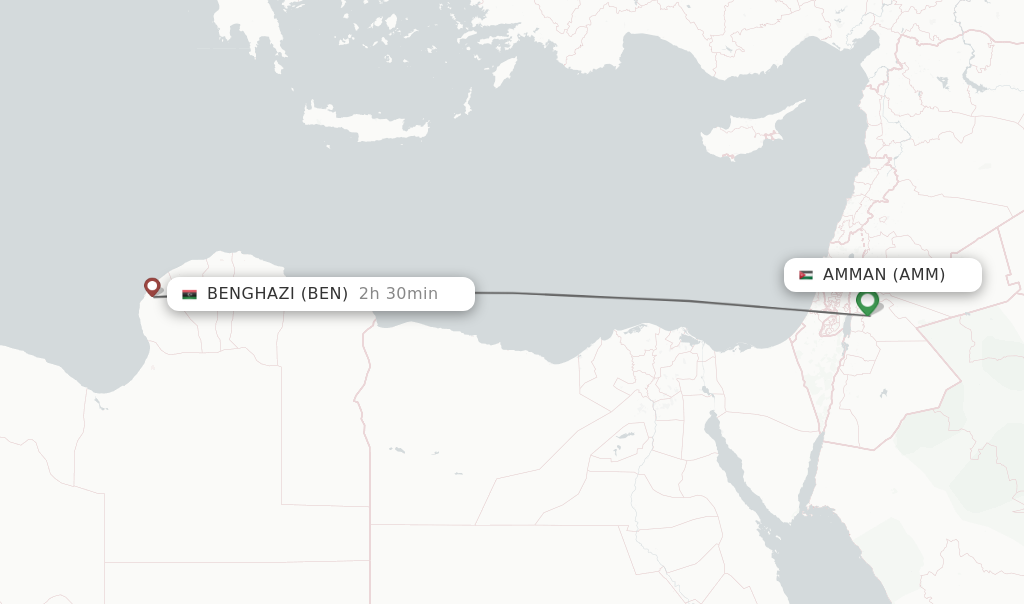 Flights from Amman to Benghazi route map