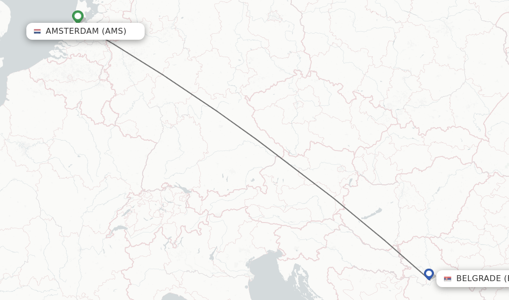 Flights from Amsterdam to Belgrade route map
