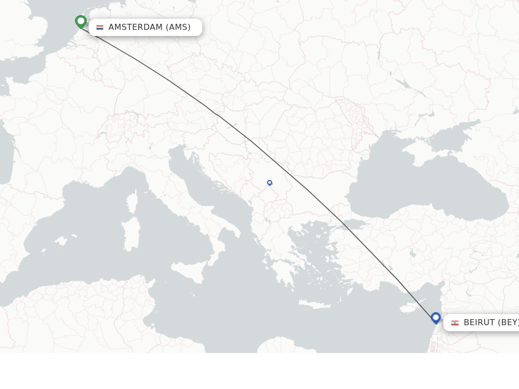 Flights from Amsterdam to Beirut route map