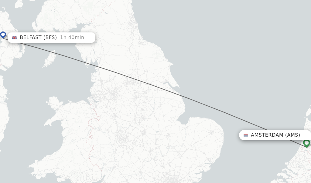 Flights from Amsterdam to Belfast route map