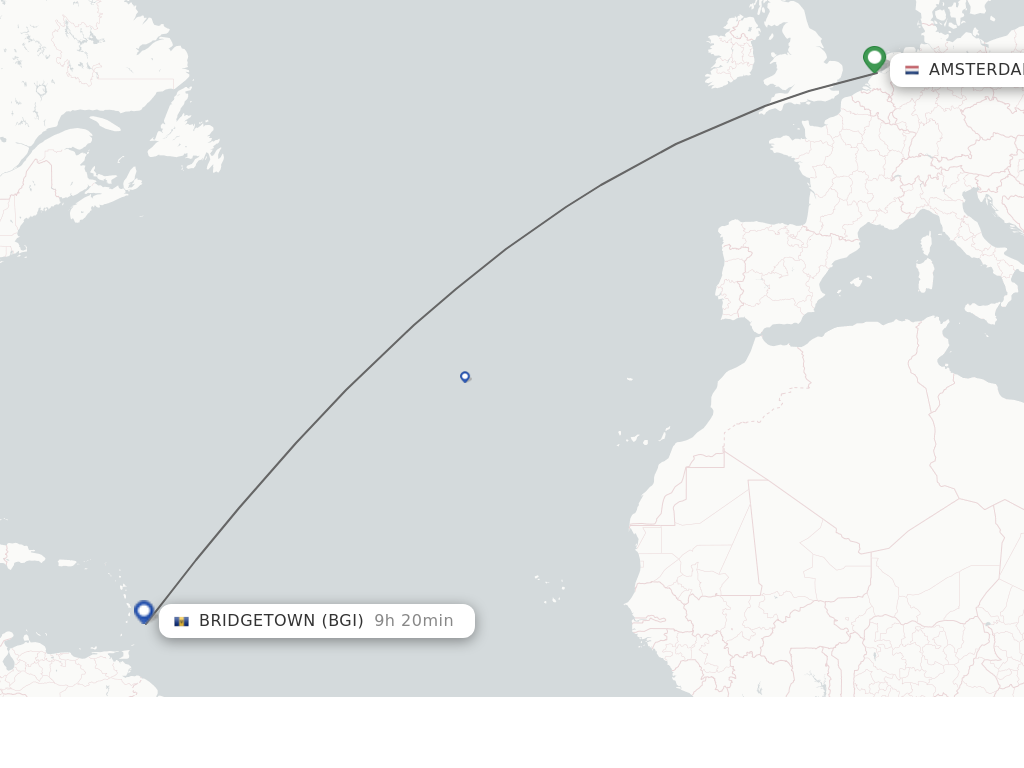 Flights from Bridgetown to Amsterdam route map