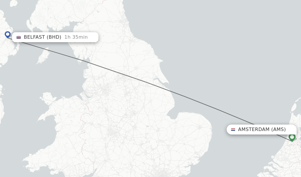 Flights from Amsterdam to Belfast route map