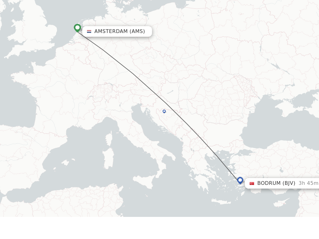 Flights from Amsterdam to Bodrum route map