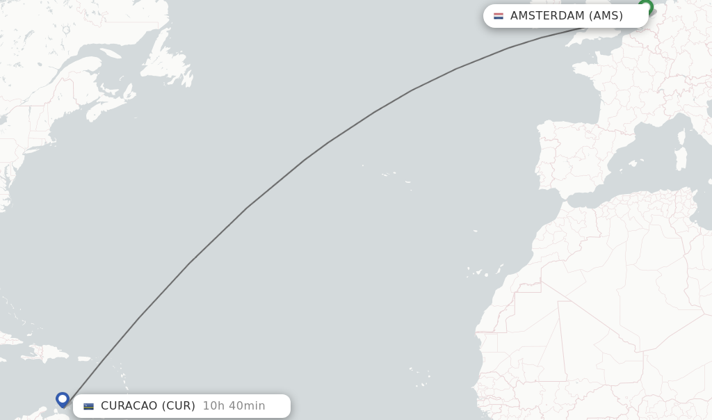 Flights from Amsterdam to Curacao route map