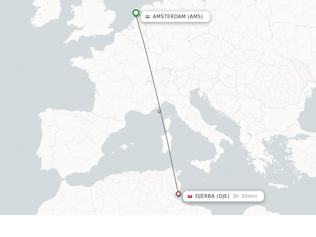 Flights from Amsterdam to Djerba route map