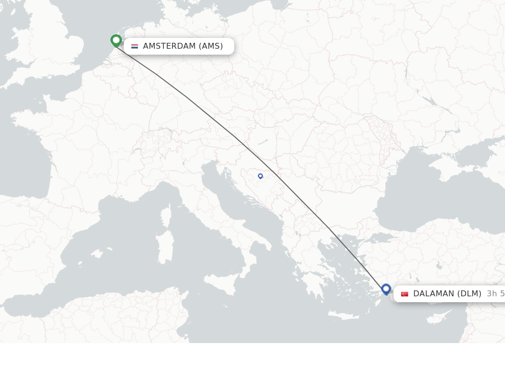 Flights from Amsterdam to Dalaman route map