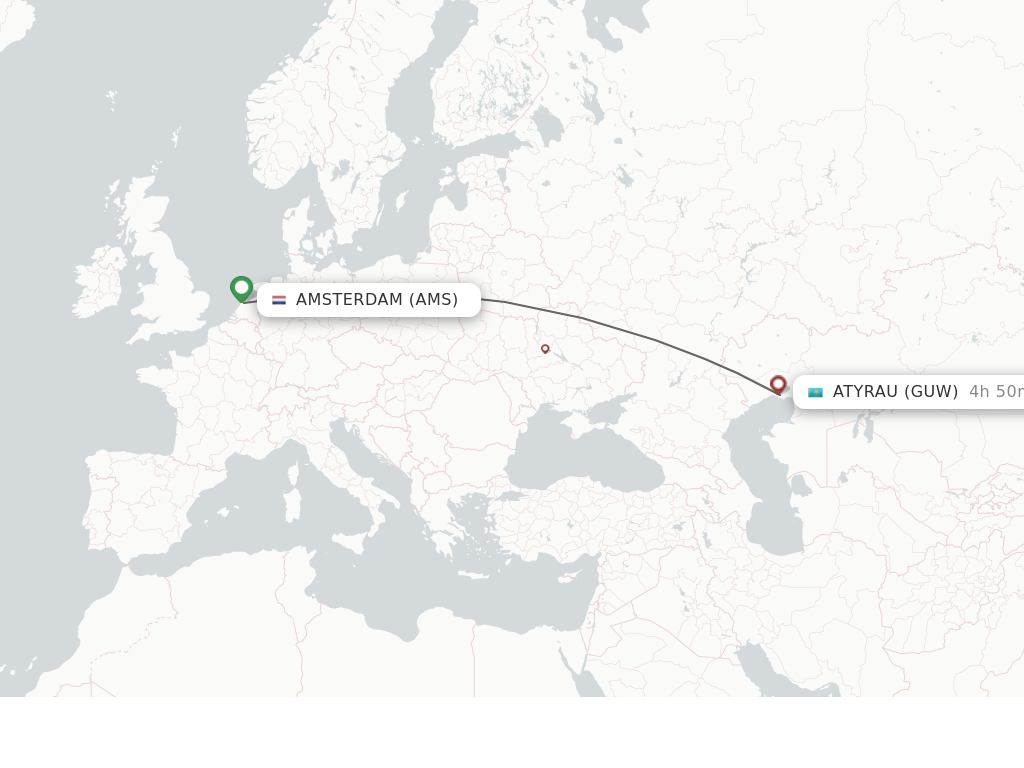 Flights from Amsterdam to Atyrau route map