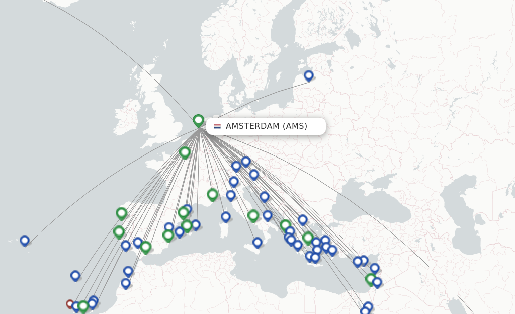 Route map with flights from Amsterdam with Transavia