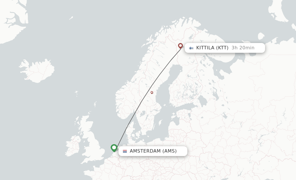 Flights from Amsterdam to Kittila route map