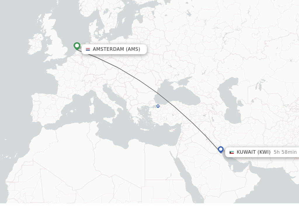 Flights from Amsterdam to Kuwait route map