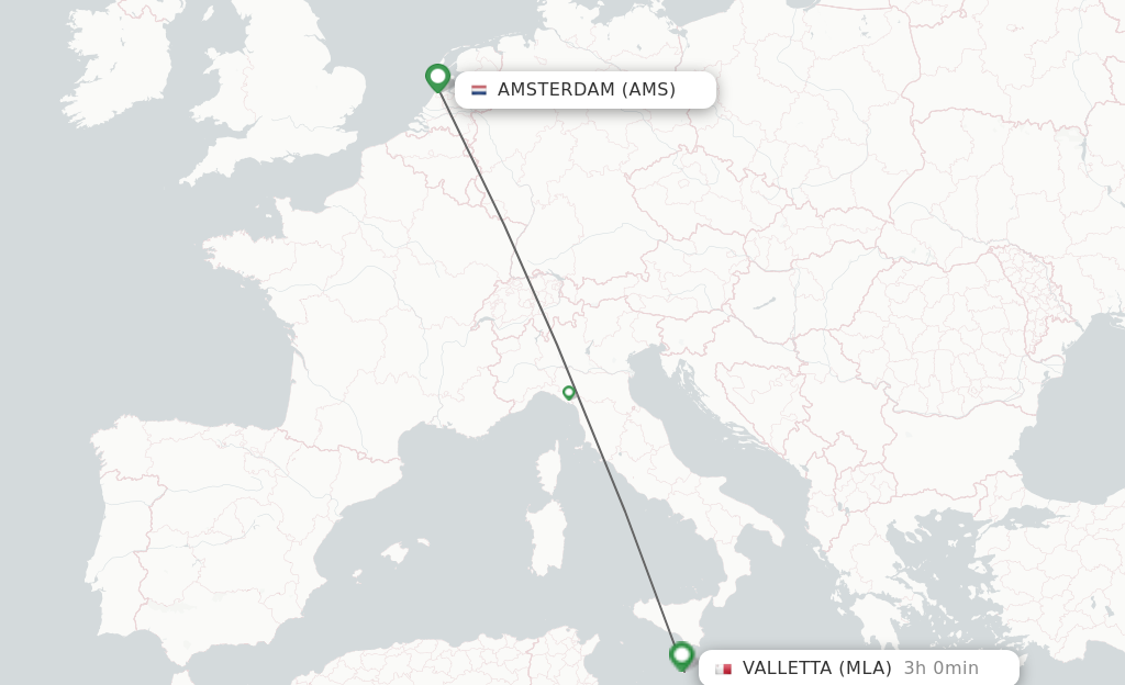 Flights from Amsterdam to Malta route map